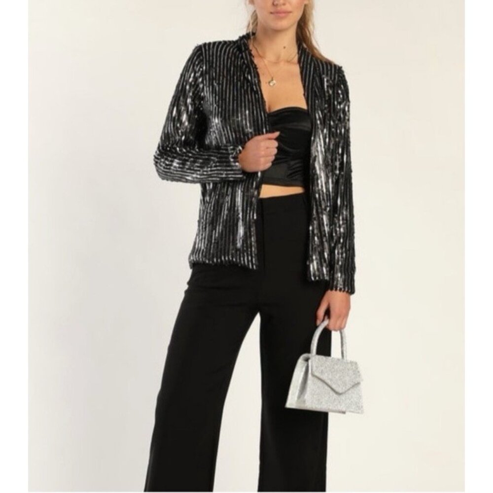 Lulus Sequin Jacket S Small Black Silver Wedding … - image 3